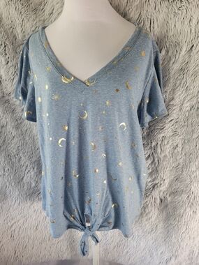 Blue V-Neck Tie-Front Tee with Gold Moon & Star Print